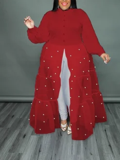Women‘s Plus Size Curve Flattering Dresses Elegant Apple Shaped Dress Wedding Guest Casual Dress Swing Dress Polka Dot Long Dress Maxi Dress Long Sleeve Mesh Stand Collar Basic Daily Spring Summer -HANs Plus Size Style Shop pkmhzm1672824079104