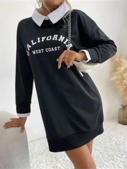 Women's Casual Dress Sweatshirt Dress Winter Dress Letter Patchwork Print Shirt Collar Mini Dress Fashion Streetwear Outdoor Street Long Sleeve Loose Fit Black Army Green Dark Blue Fall Winter S M L -HANs Plus Size Style Shop pksies1693556890370