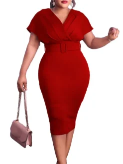 Women‘s Plus Size Curve Easter Dress Work Dress Solid Color V Neck Short Sleeve Spring Dress Fall Work Formal Knee Length Dress Date Vacation Dress -HANs Plus Size Style Shop plfdca1661334436635