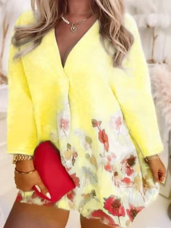 Women‘s Plus Size Curve Apple Shaped Dress Casual Dress Floral V Neck Print Long Sleeve Winter Fall Stylish Casual Mini Dress Daily Vacation Dress Weekend -HANs Plus Size Style Shop plhkvv1638498089228