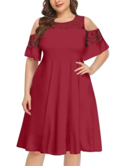 Women‘s Plus Size Curve Casual Dress Solid Color Crew Neck Lace Half Sleeve Fall Spring Casual Knee Length Dress Casual Daily Dress -HANs Plus Size Style Shop plihfc1656060138470