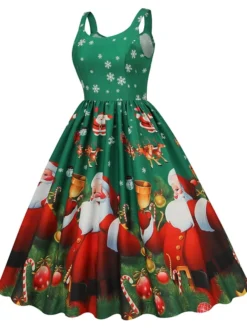 Women's Christmas Casual Dress Swing Dress Midi Dress Green Blue Sleeveless Santa Claus Print Winter Fall Spaghetti Strap Vacation Vintage 2022 S M L XL XXL / Slip Dress -HANs Plus Size Style Shop pllvyf1666597247396
