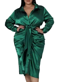 Women‘s Plus Size Curve Flattering Dresses Elegant Apple Shaped Dress Wedding Guest Work Dress Pure Color Shirt Collar Long Sleeve Fall Winter Work Midi Dress Going Out Work Dress Shirt Dress -HANs Plus Size Style Shop plmugs1663665116208