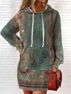 Women's Casual Dress Hoodie Dress Mini Dress Warm Fashion Outdoor Vacation Going Out V Neck Pocket Print Floral Geometric Loose Fit Pink Burgundy Blue S M L XL XXL