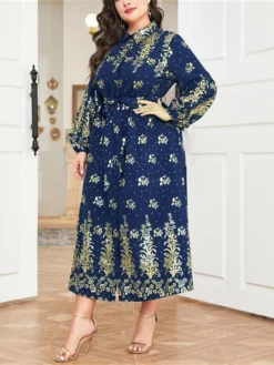 Women's Plus Size Curve Party Dress Wedding Guest Dress Long Dress Maxi Dress Dark Blue Long Sleeve Flower Lace Up Fall Winter Autumn Shirt Collar Fashion Evening Party Wedding Guest L XL -HANs Plus Size Style Shop pmaqsa1693210683133