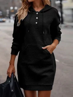 Women's Casual Dress Hoodie Dress Mini Dress Active Daily Outdoor Holiday Vacation V Neck Pocket Solid Color Loose Fit Black Brown Chocolate S M L XL XXL -HANs Plus Size Style Shop pmgjpk1694427870194