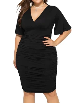 Women's Plus Size Curve Work Dress Bodycon Sheath Dress Plain Midi Dress Short Sleeve Ruched V Neck Fashion Office Black Royal Blue Fall Winter L XL XXL 3XL 4XL -HANs Plus Size Style Shop pnbbij1694151474551