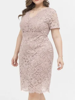 Women's Plus Size Curve Party Dress Lace Dress Cocktail Dress Midi Dress Black Pink Wine Short Sleeve Pure Color Lace Summer Spring Fall V Neck Fashion Birthday Wedding Guest Vacation XL XXL 3XL 4XL -HANs Plus Size Style Shop pndtbh1692165633286