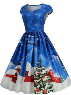 Women's Christmas Swing Dress Vintage DressKnee Length Dress Blue Wine Red Light BlueShort Sleeve Santa Claus Snowman Tree Print Fall Winter Square Neck Vintage Elegant Slim 2022 S M L XL -HANs Plus Size Style Shop pnmagb1665475229805