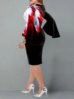 Women‘s Plus Size Curve Party Dress Floral Crew Neck Ruffle Long Sleeve Fall Spring Elegant Prom Dress Knee Length Dress Formal Going Out Dress Work Dress Print -HANs Plus Size Style Shop pntwvr1637056701273