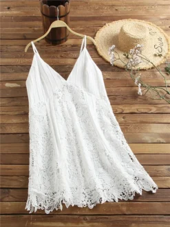 Women's Party Dress Lace Dress Cocktail Dress Mini Dress White Sleeveless Pure Color Lace Summer Spring Fall Deep V Fashion Birthday Wedding Guest Summer Dress Slim 2023 S M L XL -HANs Plus Size Style Shop pnwjnt1635736420393