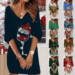 Women‘s Christmas Sweatshirt Dress Winter Dress Short Mini Dress Black 3/4 Length Sleeve Hat Print Fall Winter V Neck Vacation Casual 2022 S M L XL XXL 3XL