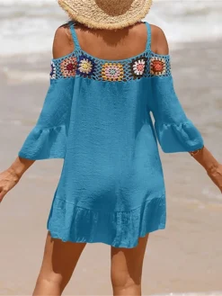 Women's Cover Up Beach Dress Beach Wear Mini Dress Ruffle Backless Ethnic Casual Floral Spaghetti Strap 3/4 Length Sleeve Loose Fit Outdoor Daily Black White 2023 Spring Summer One Size -HANs Plus Size Style Shop pofbhn1672903084861