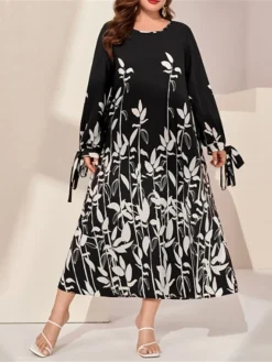 Women's Plus Size Curve Work Dress Semi Formal Dress Fashion Long Dress Maxi Dress Print Crew Neck Long Sleeve Floral Regular Fit Black Fall Winter L XL XXL 3XL 4XL -HANs Plus Size Style Shop pofxlz1693299381751