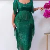 Women‘s Plus Size Curve Prom Dress Party Dress Sequin Dress Long Dress Maxi Dress Green Short Sleeve Pure Color Sequins Summer Spring Fall Square Neck Fashion Evening Party Wedding Guest