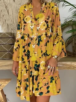 Women‘s Plus Size Curve Casual Dress Floral V Neck Print Long Sleeve Fall Spring Casual Short Mini Dress Daily Vacation Dress -HANs Plus Size Style Shop pouqca1660643933358