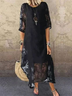 Women's Shift Dress Swing Dress Long Dress Maxi Dress Black Red White Half Sleeve Floral Lace Winter Fall Spring Crew Neck Mature Weekend 2023 S M L XL XXL 3XL 4XL 5XL -HANs Plus Size Style Shop povnbs1650426982657