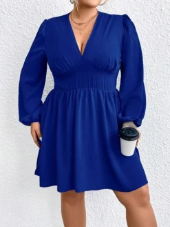 Women‘s Plus Size Curve Party Dress Wedding Guest Dress Sheath Dress Mini Dress Blue Long Sleeve Pure Color Ruched Fall Winter Autumn Deep V Fashion Wedding Guest Vacation Fall Dress 2023 -HANs Plus Size Style Shop poxhua1692170874375