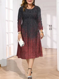 Women's Plus Size Curve Casual Dress Ethnic Dress Skater Dress Floral Geometric Midi Dress Long Sleeve Print Crew Neck Mature Outdoor Black Wine Fall Winter L XL XXL 3XL 4XL -HANs Plus Size Style Shop pppuyb1696837325440