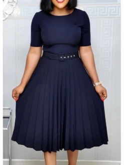 Women‘s Plus Size Curve Party Dress Solid Color Crew Neck Ruched Short Sleeve Spring Fall Work Formal Prom Dress Knee Length Dress Party Work Dress Loose Fit -HANs Plus Size Style Shop ppqqbq1620625710484