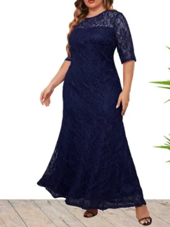 Women's Plus Size Curve Party Dress Lace Dress Sheath Dress Solid Color Long Dress Maxi Dress Half Sleeve Ruched Patchwork Crew Neck Fashion Wedding Wine Deep Blue Spring Fall XL XXL 3XL 4XL 5XL -HANs Plus Size Style Shop ppqxep1693533332750