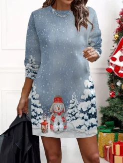 Women‘s Christmas Casual Dress Sweatshirt Dress Mini Dress Warm Fashion Outdoor Holiday Crew Neck Print Santa Claus Snowman Loose Fit Black Burgundy Green S M L XL XXL -HANs Plus Size Style Shop pprinx1695636044840