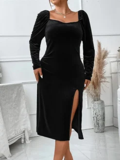 Women‘s Plus Size Curve Party Dress Velvet Dress Cocktail Dress Black Dress Midi Dress Long Sleeve Pure Color Split Spring Fall Winter Square Neck Fashion Birthday Wedding Guest Vacation 2023 -HANs Plus Size Style Shop pptfuq1692166730593