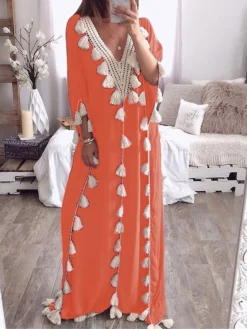 Women's Long Dress Maxi Dress Casual Dress Swing Dress Kaftan Dress Print Fashion Streetwear Outdoor Daily Vacation Tassel Fringe Patchwork Short Sleeve V Neck Dress Loose Fit Black White Light Purple -HANs Plus Size Style Shop ppwqhc1676277796769