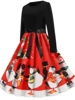 Women's Christmas Knee Length Dress Blue Purple Wine Gray Green Black Red Light Blue Long Sleeve Print Bow Print Fall Winter Round Neck Casual Vintage2021 S M L XL XXL -HANs Plus Size Style Shop pqbsyi1629971945712