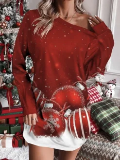 Women's Christmas Dress Sweatshirt Dress Mini Dress Warm Fashion Outdoor Christmas Holiday Crew Neck Print Snowflake Deer Loose Fit White Wine Red S M L XL XXL -HANs Plus Size Style Shop pqbxwt1697541294810