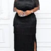 Women‘s Plus Size Curve Party Dress Black Dress Homecoming Dress Solid Color Crew Neck Tassel Fringe Half Sleeve Fall Spring Prom Dress