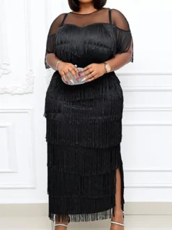 Women‘s Plus Size Curve Party Dress Black Dress Homecoming Dress Solid Color Crew Neck Tassel Fringe Half Sleeve Fall Spring Prom Dress