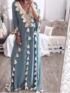 Women's Long Dress Maxi Dress Casual Dress Swing Dress Kaftan Dress Print Fashion Streetwear Outdoor Daily Vacation Tassel Fringe Patchwork Short Sleeve V Neck Dress Loose Fit Black White Light Purple