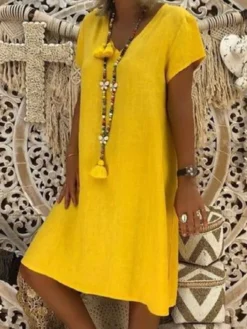 Women's Casual Dress T Shirt Dress Tee Dress Shift Dress Midi Dress Black Yellow Pink Short Sleeve Pure Color Patchwork Summer Spring V Neck Basic Vacation Summer Dress Spring Dress Loose Fit 2022 S