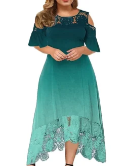Women‘s Plus Size Curve Casual Dress A Line Dress Gradient Long Dress Maxi Dress Short Sleeve Patchwork Hollow Out Crew Neck Fashion Outdoor Black Light Green Summer Spring XL XXL 3XL 4XL 5XL -HANs Plus Size Style Shop pquaqy1678346854303