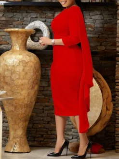 Women‘s Plus Size Curve Work Dress Bodycon Sheath Dress Solid Color Midi Dress Long Sleeve Crew Neck Fashion Outdoor White Red Fall Spring L XL XXL 3XL -HANs Plus Size Style Shop pqvqmo1676871090369