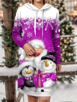 Women's Christmas Dress Hoodie Dress Mini Dress Warm Fashion Outdoor Christmas Holiday Hoodie Print Snowman Snowflake Loose Fit Yellow Wine Blue S M L XL XXL -HANs Plus Size Style Shop prakwd1697542413634