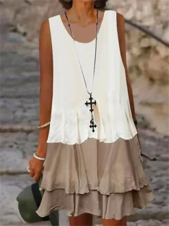 Women's Casual Dress Tank Dress Summer Dress Color Block Ruffle Patchwork Crew Neck Midi Dress Fashion Classic Daily Holiday Sleeveless Regular Fit White Summer Spring S M L XL XXL