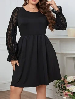 Women's Plus Size Party Dress Wedding Guest Dress Black Dress Mini Dress Black Long Sleeve Pure Color Lace Spring Fall Winter Crew Neck Fashion Winter Dress Evening Party Wedding Guest 2023 XL XXL