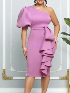 Women‘s Plus Size Curve Party Dress Solid Color One Shoulder Ruffle Short Sleeve Spring Fall Prom Dress Midi Dress Casual Daily Dress -HANs Plus Size Style Shop prslqy1657187569878