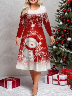 Women's Plus Size Curve Casual Dress Winter Dress Skater Dress Santa Claus Elk Midi Dress Long Sleeve Print Crew Neck Fashion Outdoor White Wine Fall Winter L XL XXL 3XL 4XL -HANs Plus Size Style Shop prtzib1697689551530