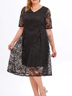 Women‘s Plus Size Curve Party Dress Lace Dress Cocktail Dress Midi Dress Black Pink Wine Half Sleeve Pure Color Lace Summer Spring Fall V Neck Fashion Birthday Wedding Guest Vacation 2023 -HANs Plus Size Style Shop prwgnz1691564491582