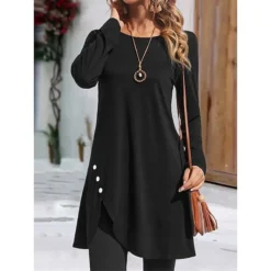 Women's Casual Dress Plain Dress Mini Dress Button Outdoor Daily Going Out Active Fashion Crew Neck Long Sleeve 2023 Regular Fit Black Pink Red Color S M L XL XXL Size -HANs Plus Size Style Shop pseszk1691495885544