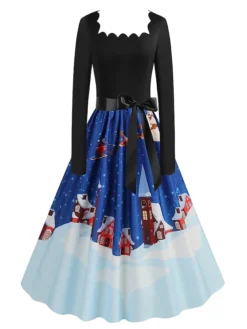 Women's Christmas Vintage Dress Swing Dress Mini Dress Black Pink Dark Blue Red Navy Blue Light Blue Long Sleeve Santa Claus Elk Snowman With Belt Print Winter Fall Square Neck 2022 S M L XL -HANs Plus Size Style Shop psffpn1666676135813