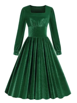 Women's Christmas Swing Dress Vintage Dress Midi Dress Green Black Red Long Sleeve Pure Color Ruched Winter Fall Square Neck Vintage Stylish 2022 S M L XL XXL -HANs Plus Size Style Shop psohja1667373820327