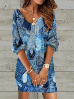 Women's Casual Dress Ethnic Dress Shift Dress Mini Dress Black Wine Red 3/4 Length Sleeve Floral Print Spring Fall Winter V Neck Fashion Loose Fit 2023 S M L XL XXL 3XL 4XL 5XL -HANs Plus Size Style Shop psouad1671420164920