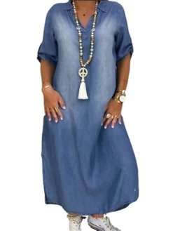 Women‘s Plus Size Curve Casual Dress Shirt Dress Shift Dress Solid Color Long Dress Maxi Dress 3/4 Length Sleeve Button Pocket Shirt Collar Basic Daily Blue Fall Spring L XL XXL 3XL -HANs Plus Size Style Shop ptfqwq1676548774249