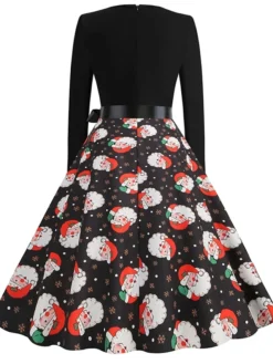 Women's Christmas Vintage Dress Midi Dress Black And White Green Black Long Sleeve Santa Claus Bow Winter Fall Autumn Square Neck Stylish Christmas Vacation 2022 S M L XL XXL 3XL -HANs Plus Size Style Shop ptgcqb1667637300423