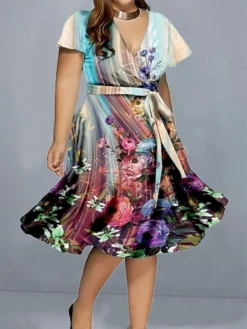 Women‘s Plus Size Curve Casual Dress A Line Dress Floral Gradient Midi Dress Short Sleeve Print V Neck Elegant Daily Black Red Summer Spring L XL XXL 3XL 4XL -HANs Plus Size Style Shop ptgtzw1677828435345
