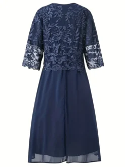 Women's Plus Size Party Dress Lace Dress Cocktail Dress Midi Dress Navy Blue 3/4 Length Sleeve Pure Color Lace Spring Fall Winter Crew Neck Fashion Winter Dress Wedding Guest Vacation 2023 L XL XXL -HANs Plus Size Style Shop ptzwxl1693903079101